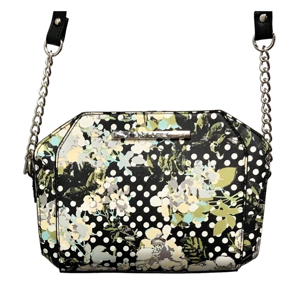 Betsey Johnson Crossbody Bag Small Black Floral Polka Dot Chain Strap